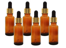 Load image into Gallery viewer, 25ml Amber Glass Bottles with Gold/Black Glass Pipettes