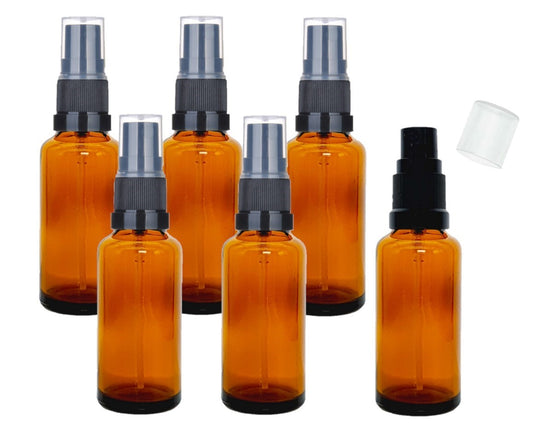 25ml Amber Glass Bottles with Black Atomiser Spray and Clear Overcap