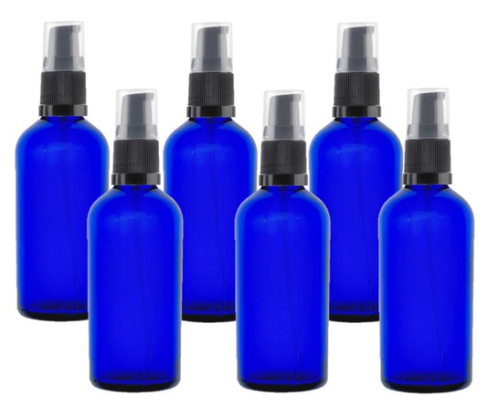 100ml Blue Glass Bottles with Black Treatment Pump and Clear Overcap