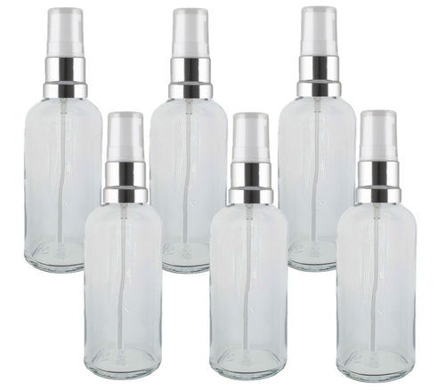 100ml Clear Glass Bottles with Silver/White Treatment Pump and Clear Overcap