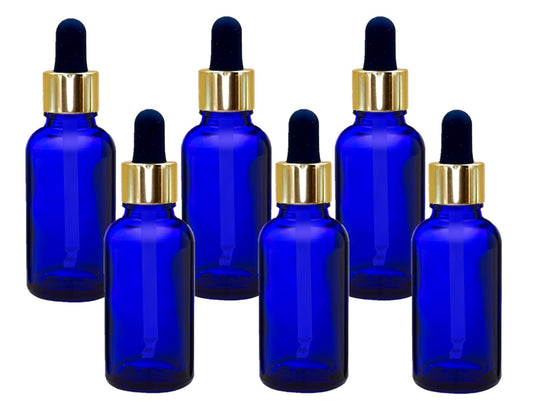 30ml Blue Glass Bottles with Gold/Black Glass Pipettes