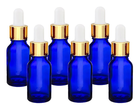 15ml Blue Glass Bottles with Gold/White Glass Pipettes