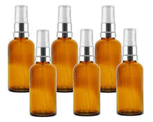 Load image into Gallery viewer, 50ml Amber Glass Bottles with Silver/White Treatment Pump and Clear Overcap