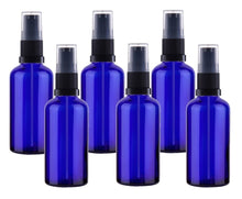 Load image into Gallery viewer, 50ml Blue Glass Bottles with Black Treatment Pump and Clear Overcap