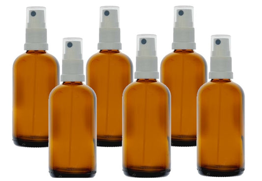 100ml Amber Glass Bottles with White Atomiser Spray and Clear Overcap