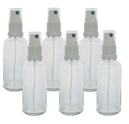 100ml Clear Glass Bottles with White Atomiser Spray and Clear Overcap