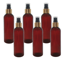 Load image into Gallery viewer, 200ml Tall Amber Plastic PET Bottle with 24/410 Gold &amp; Black Finger Spray