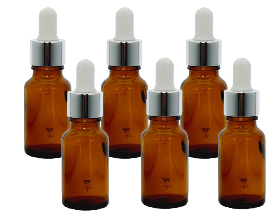 15ml Amber Glass Bottles with Silver/White Glass Pipettes