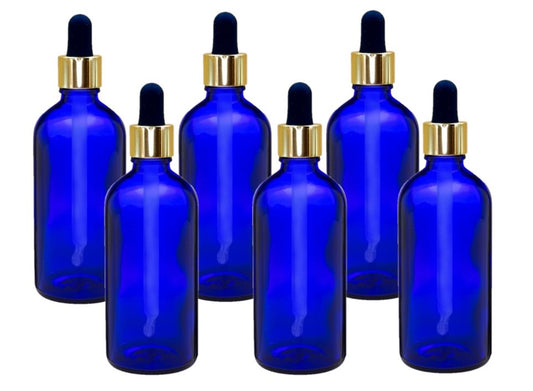 100ml Blue Glass Bottles with Gold/Black Glass Pipettes