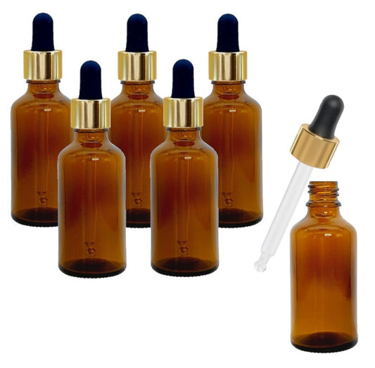 50ml Amber Glass Bottles with Gold/Black Glass Pipettes