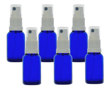 Load image into Gallery viewer, 15ml Blue Glass Bottles with White Atomiser Spray and Clear Overcap