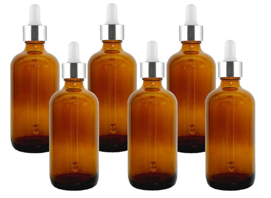 100ml Amber Glass Bottles with Silver/White Glass Pipettes
