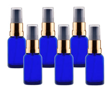 Load image into Gallery viewer, 15ml Blue Glass Bottles with Gold/Black Treatment Pump and Clear Overcap