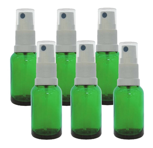 20ml Green Glass Bottles with White Atomiser Spray and Clear Overcap