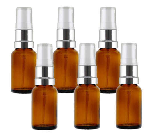 15ml Amber Glass Bottles with Silver/White Treatment Pump and Clear Overcap