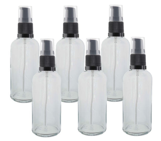100ml Clear Glass Bottles with Black Treatment Pump and Clear Overcap