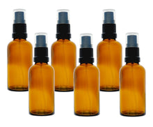 Load image into Gallery viewer, 50ml Amber Glass Bottles with Black Atomiser Spray and Clear Overcap