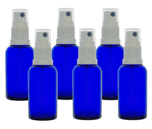 30ml Blue Glass Bottles with White Atomiser Spray and Clear Overcap