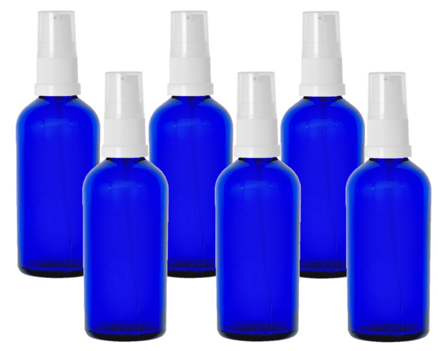 100ml Blue Glass Bottles with White Treatment Pump and Clear Overcap